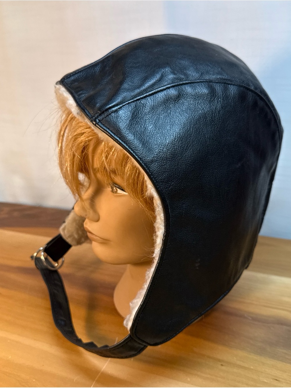 Vintage Leather Sherpa Lining Aviator Biker Skull Cap Hat Sz L Black Made In USA